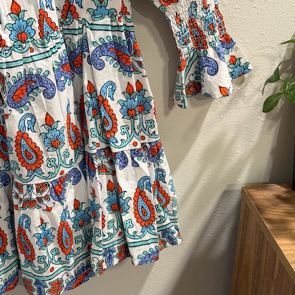 Tuckernuck Size Small Teal Seagrass Print Kenzo Mini Dress Cotton Boho Brunch - Picture 6 of 7